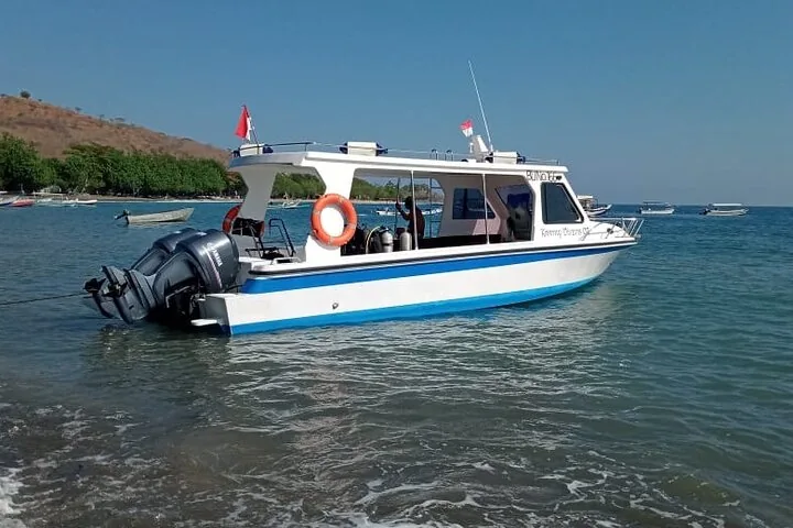 A small, blue and white boat anchored in the water near a beach.